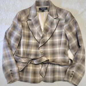 Larry Levine Belted Blazer Womens 18 Plaid Jacket Brown Tan Career Office Coat
